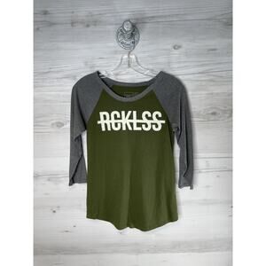 Young & Reckless Shirt Womens XS Olive Gray Raglan 3/4 Sleeve RCKLSS Tee Graphic